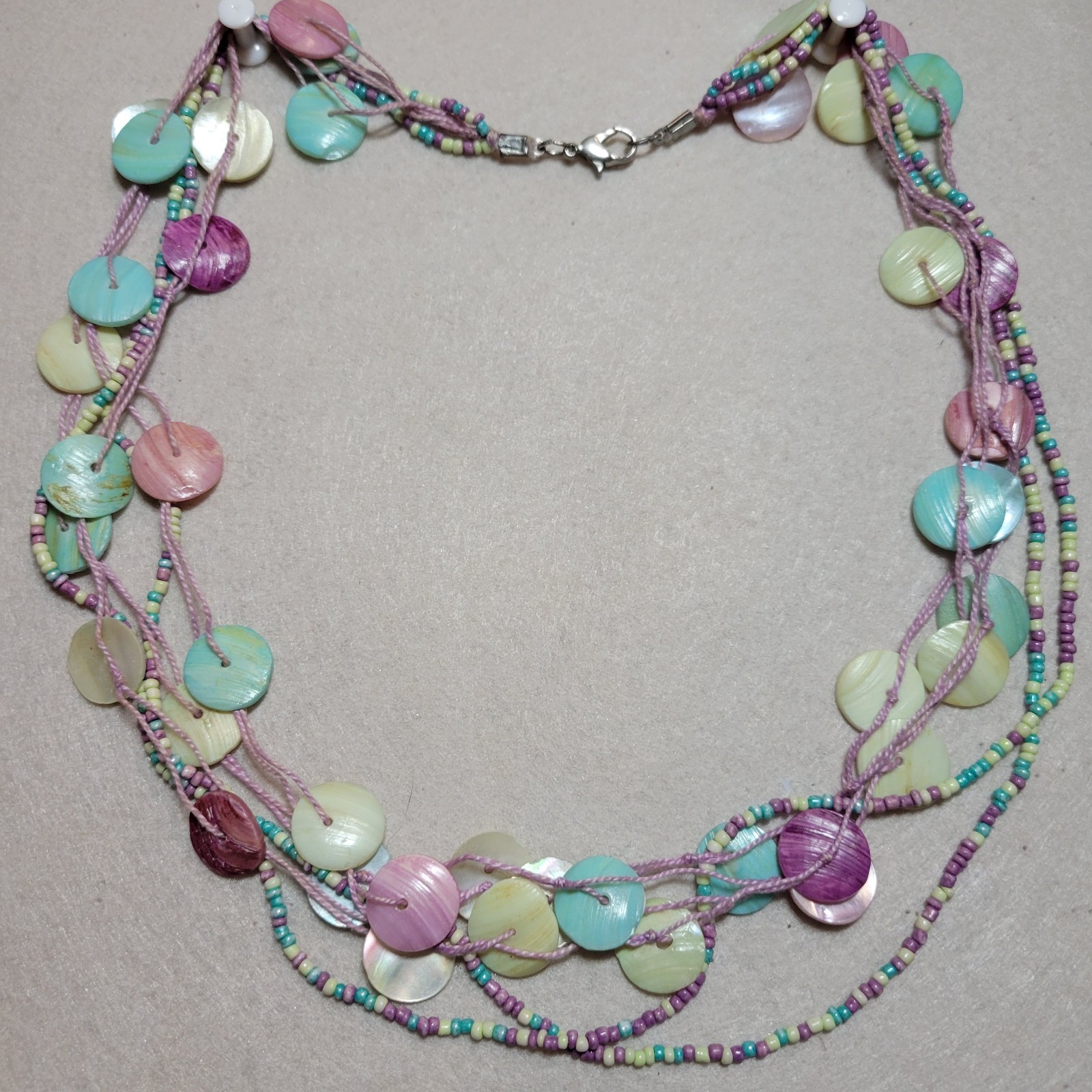 Vintage Pastel Shell & Beads Layered Necklace Pink Blue Green Ocean Boho Mermaid