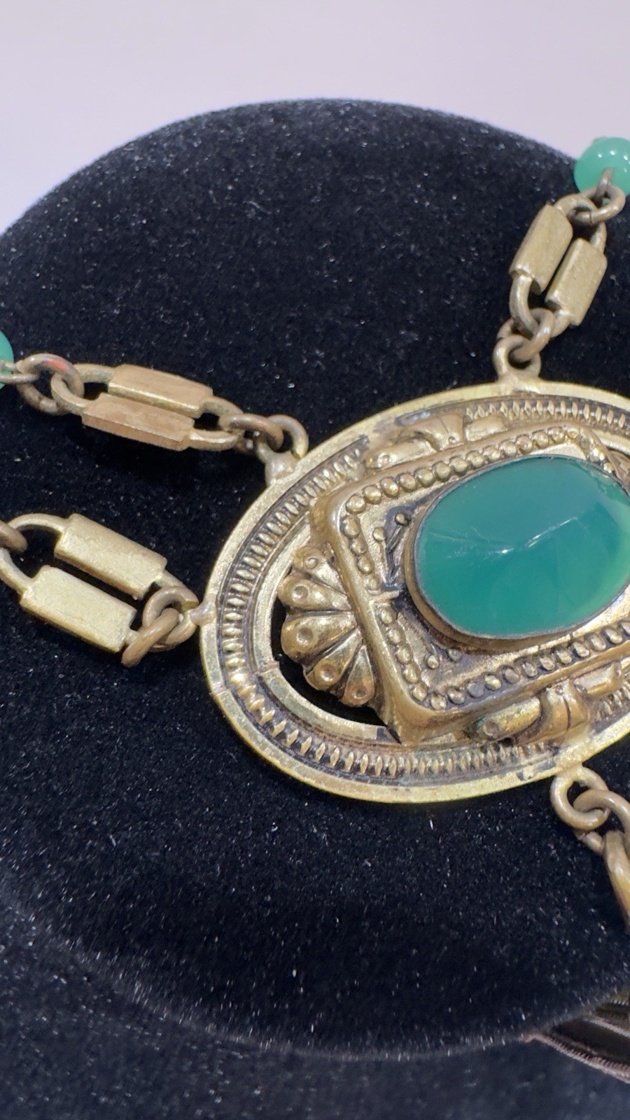 Antique Victorian Revival Green Chrysoprase Glass & Tassel Necklace Czech