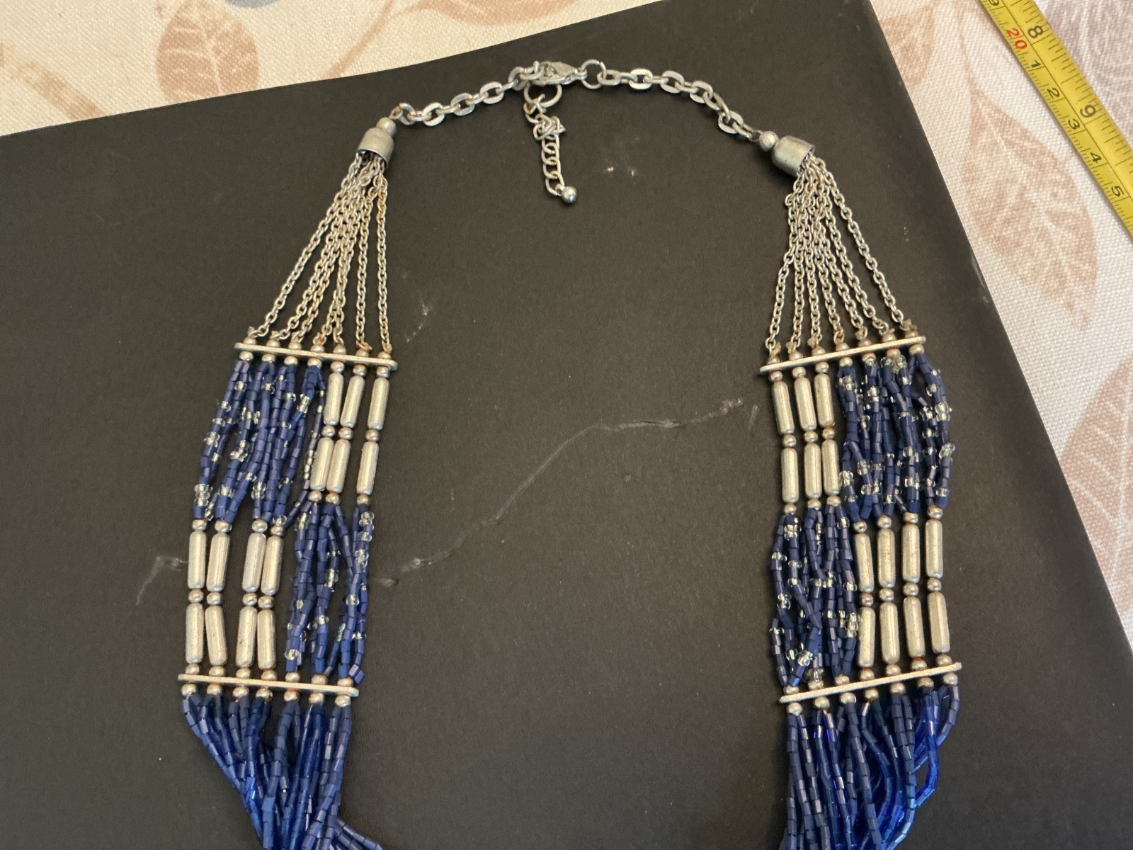Vintage Multi-Strand Blue & Silver Beaded Boho Necklace Womens 22 Inches