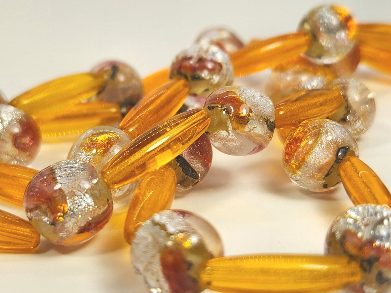 Art Glass Foil Bead Necklace Orange Silver Vtg Czech 23 Inch Oblong & Round