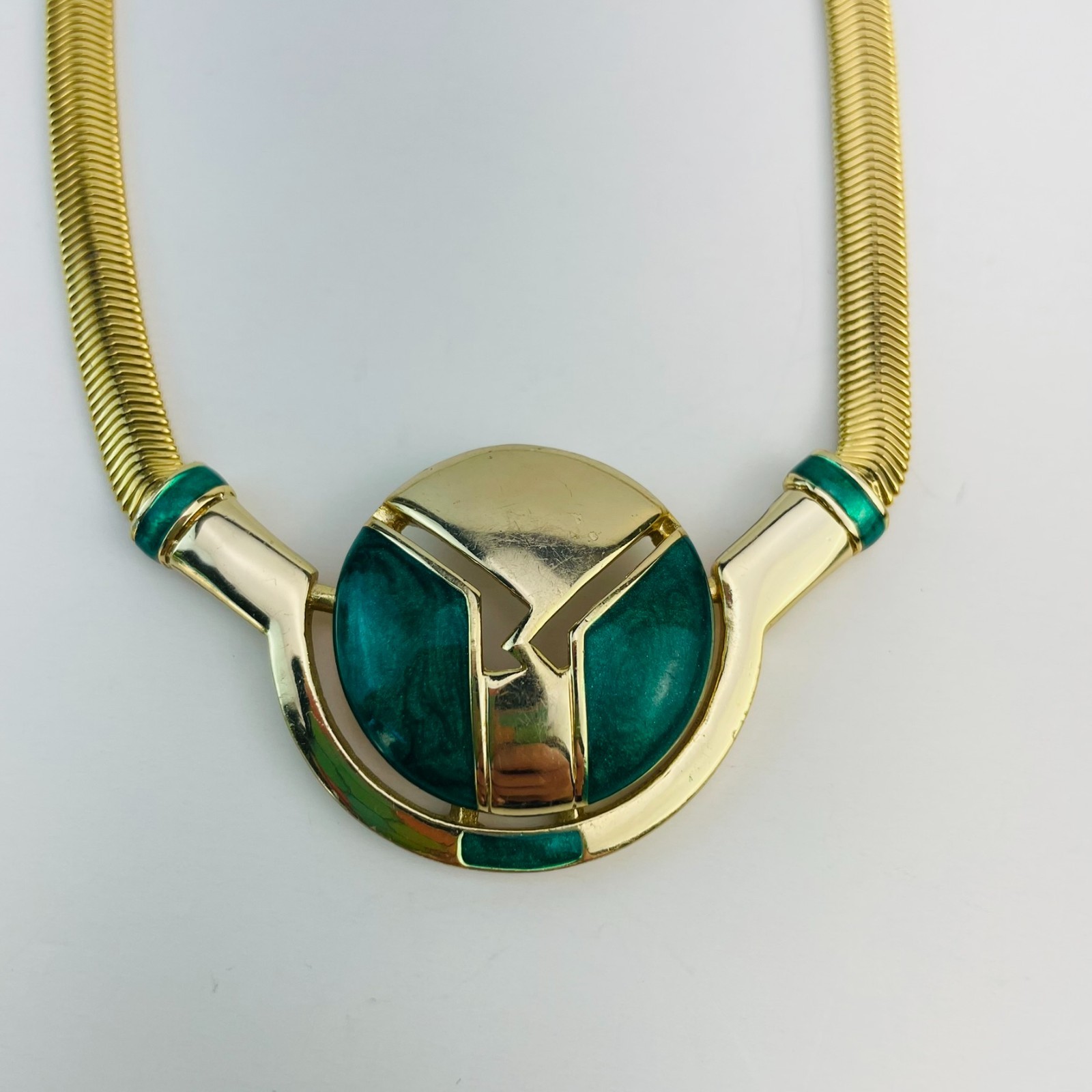 Vintage Orena Paris Choker Necklace Gold Tone Green Enamel Modernist Collar