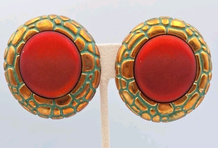 VTG Lg Chunky Statement Button Matte Cabochon Pierced Earrings Southwestern 80’s
