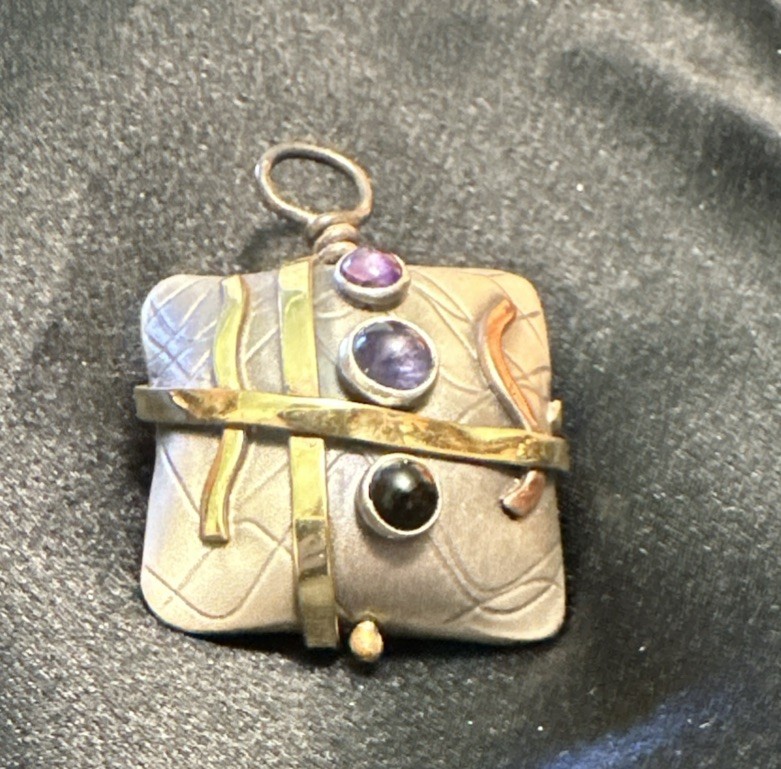 SMB Artesian Signed Sterling Silver, Multi-Metal & Gem 3-D Pendant 1”square