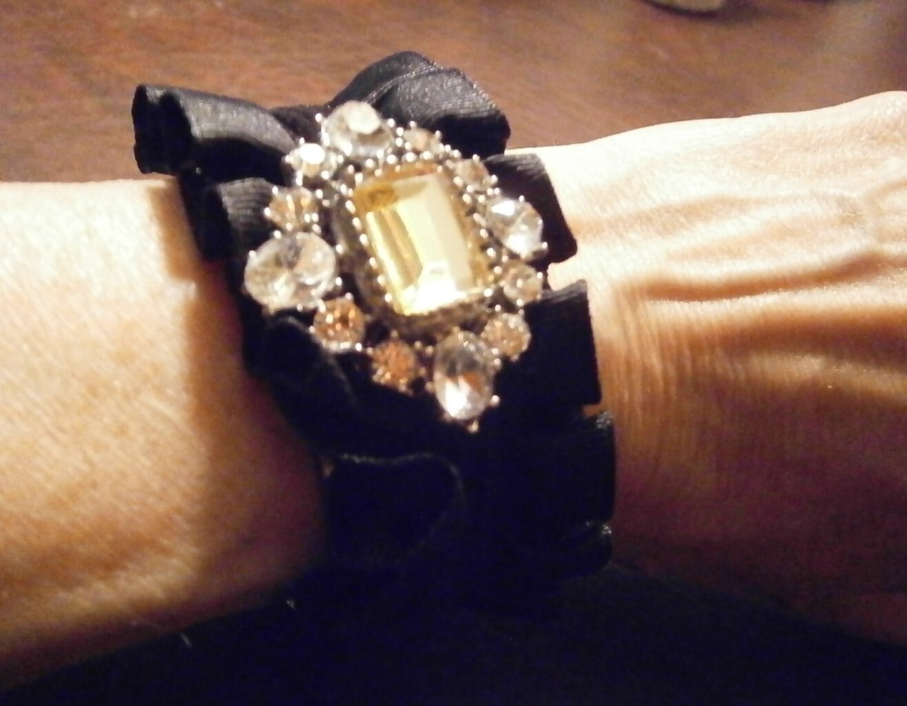 Vintage Yellow White Rhinestone Black Velvet & Satin Ruffle Cuff Bracelet