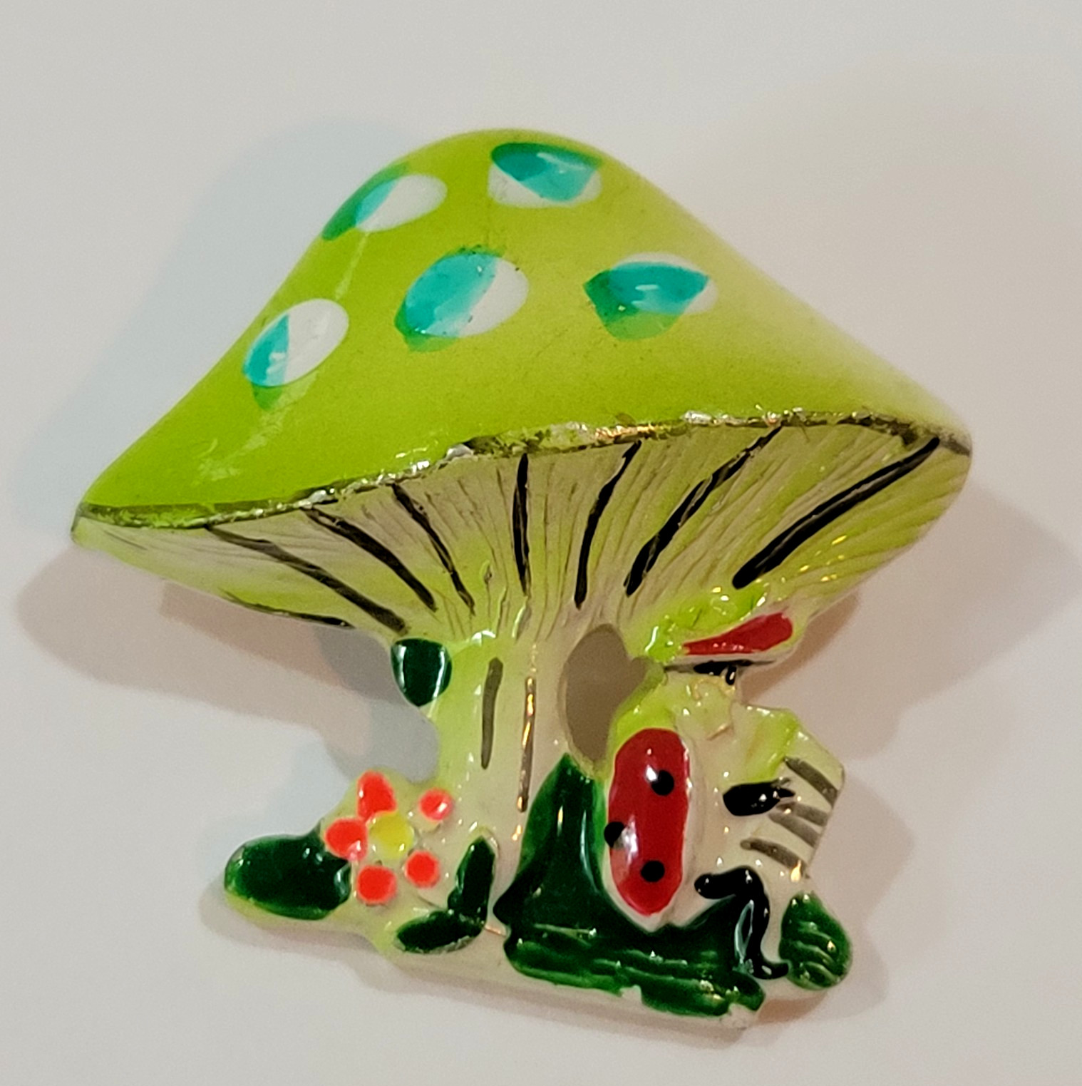 Vtg Painted Mushroom Brooch 3D Pin Man playing Accordion Signed Korea Whimsical