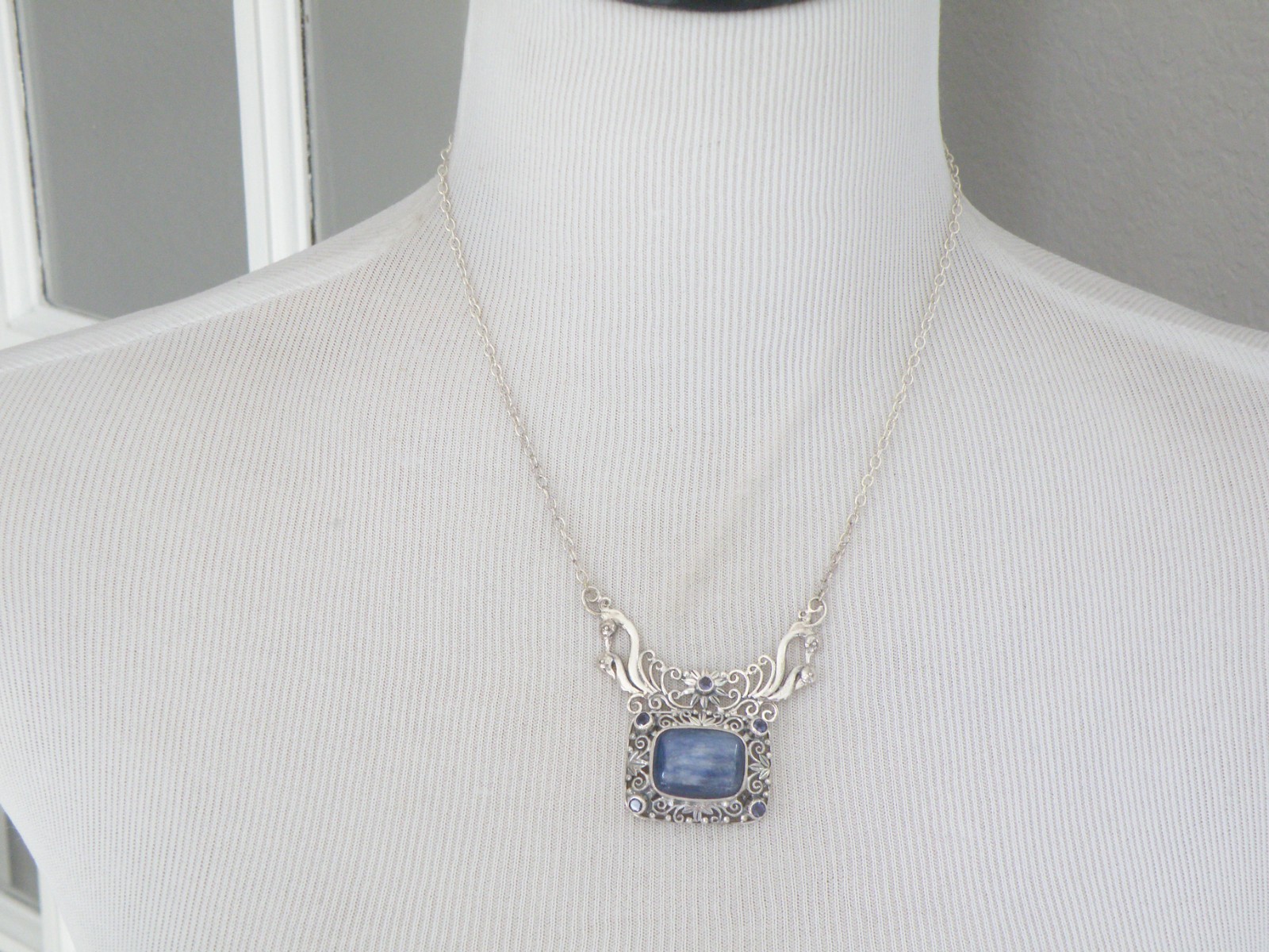 Sterling Silver 925 Natural Kyanite Iolite Art Nouveau Style Necklace 18″