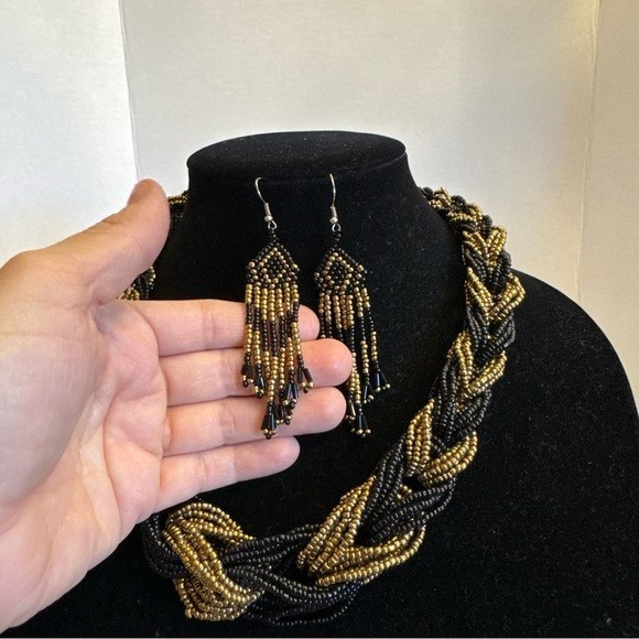 Vintage Multistrand Braided Chunky Beaded Statement Choker Necklace Earring Set