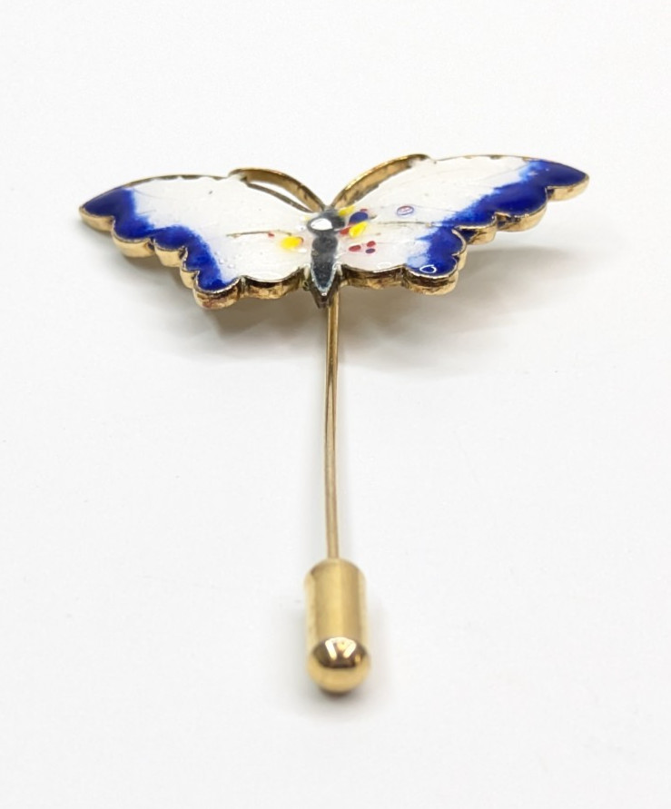 Vintage Blue & White Enamel Open Wing Butterfly Gold Tone Stick Pin 2.5″