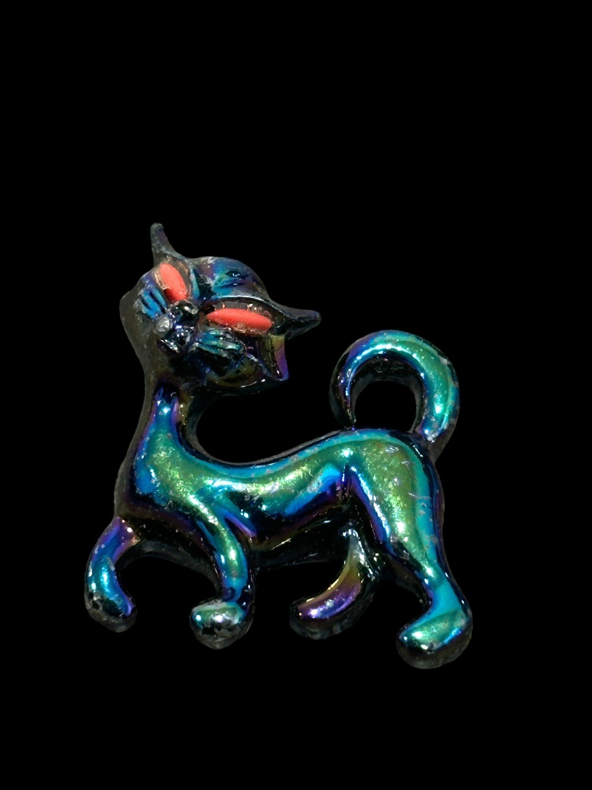 Vintage Iridescent Lusterware Cat Scatter Brooch Pin Red Eyes Oil Slick