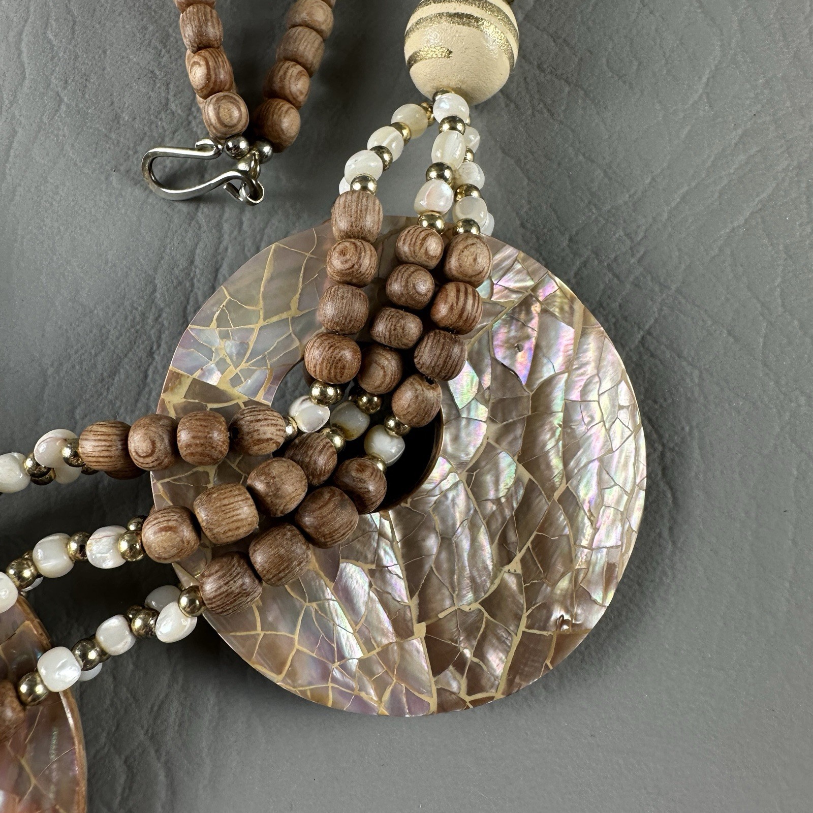 Vintage Mother of Pearl Necklace Bead Statement Multi Strand Disc 23″
