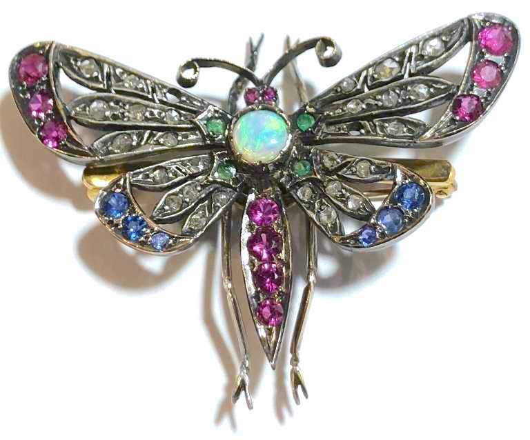 Butterfly Brooch Opal Diamond Rubies Sapphires Emeralds 19th Century