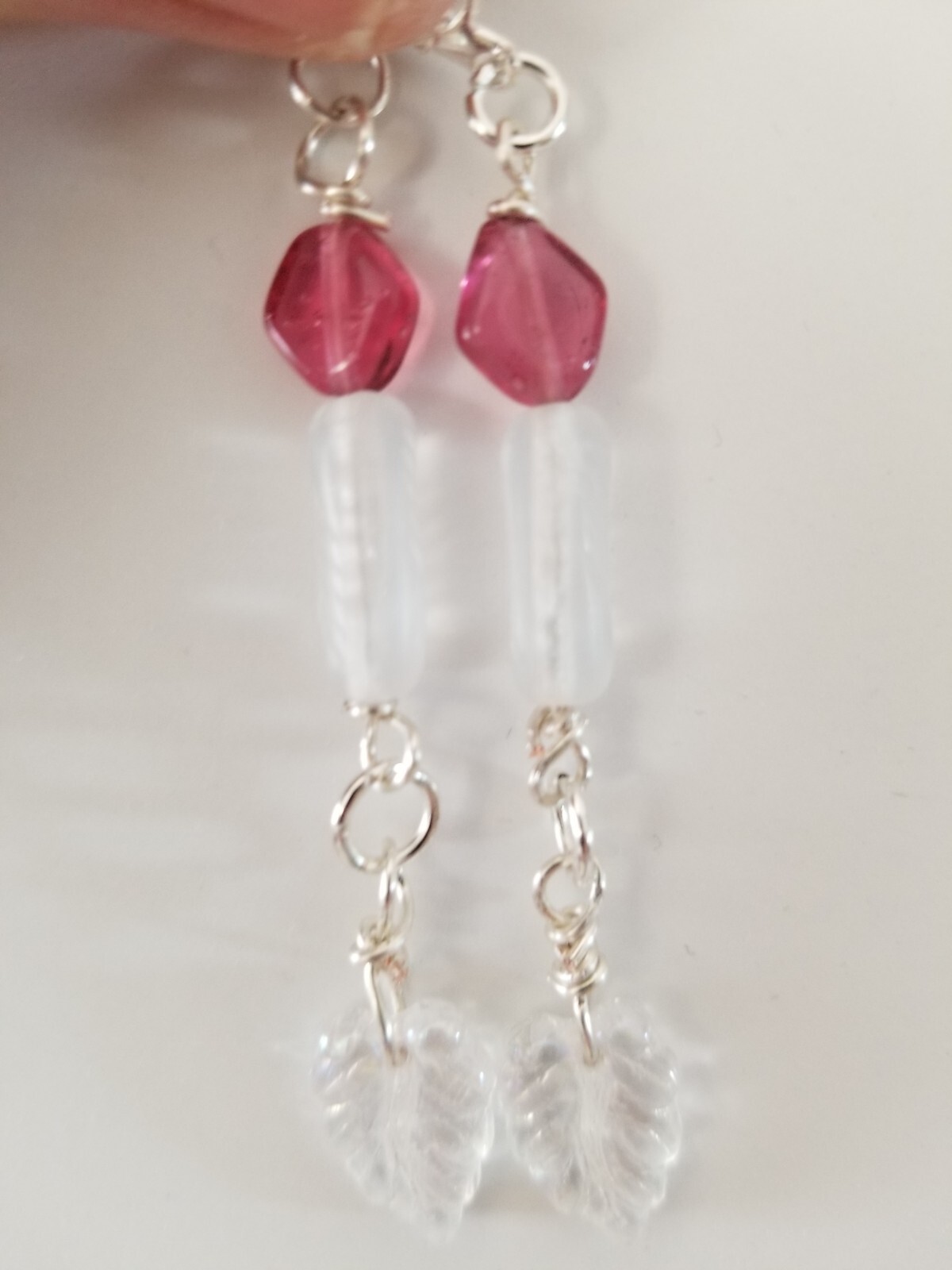 Carved frosted quartz lozenge an leaf 80 yrs. beads Japan fushia drop earrings