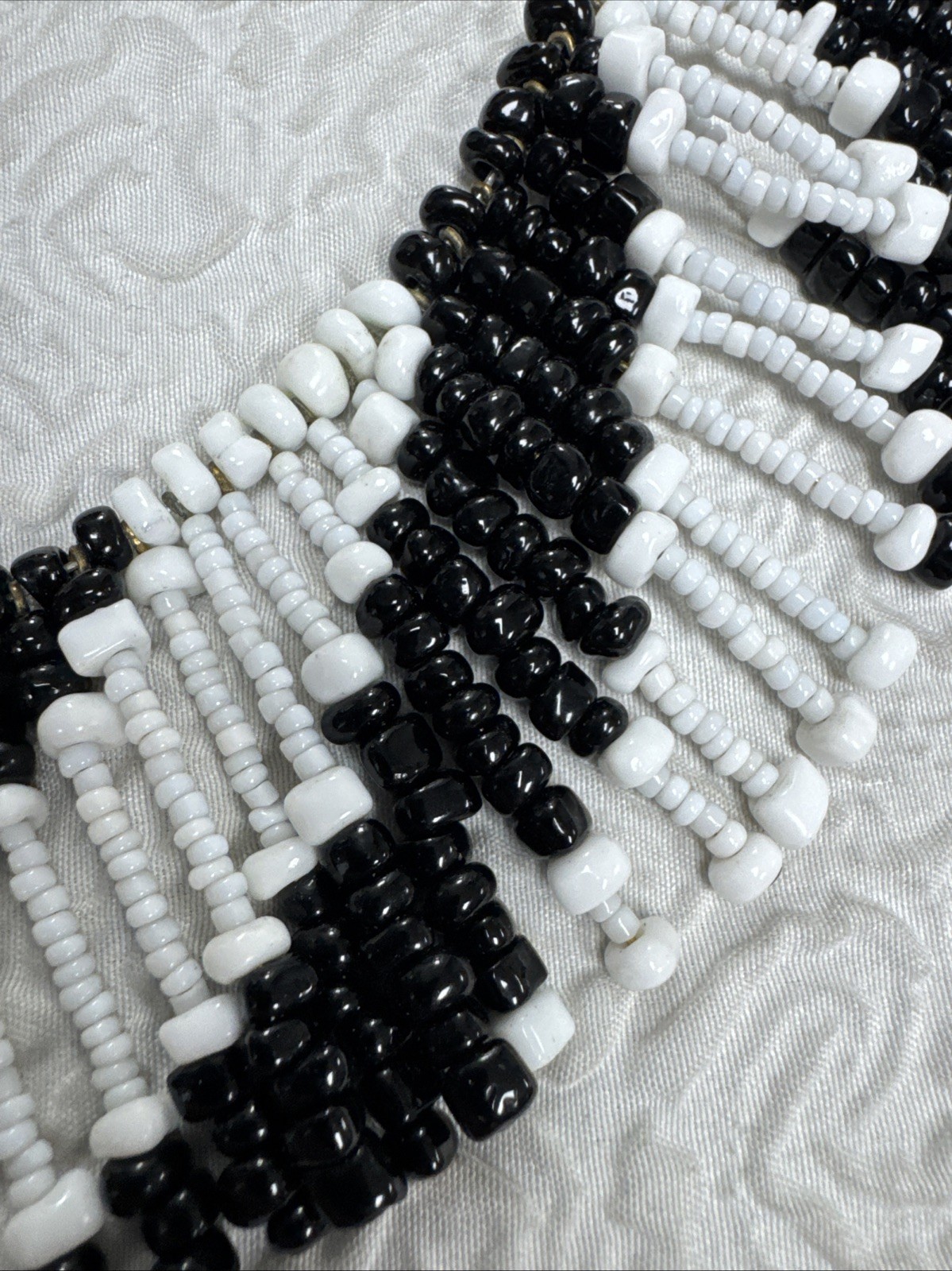 Vintage Monochrome Black & White Beaded Collar Necklace Bib Fringe Statement 16”