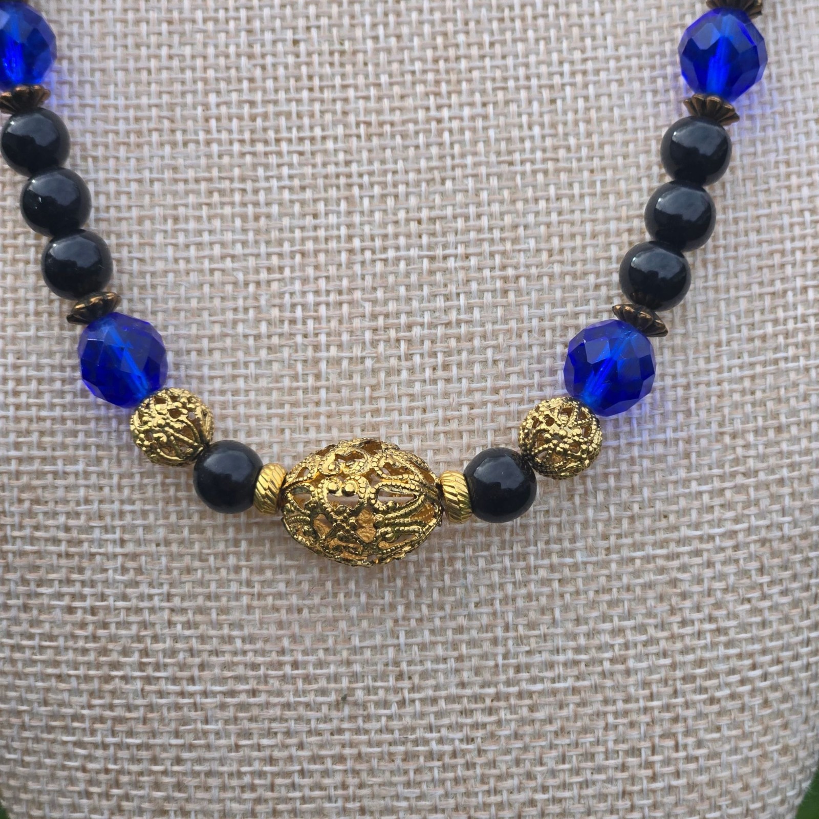 Vintage 1928 Necklace Black Blue Glass Beads Gold Tone Filigree Victorian style