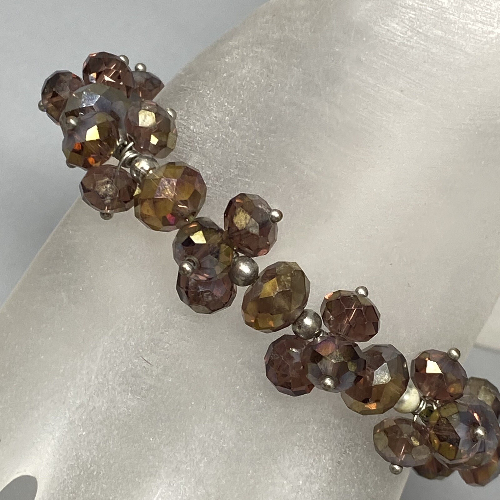 Stretch Bead Bracelet Purple Faceted Glass Cluster Fire Polished Iridescent 7.5″