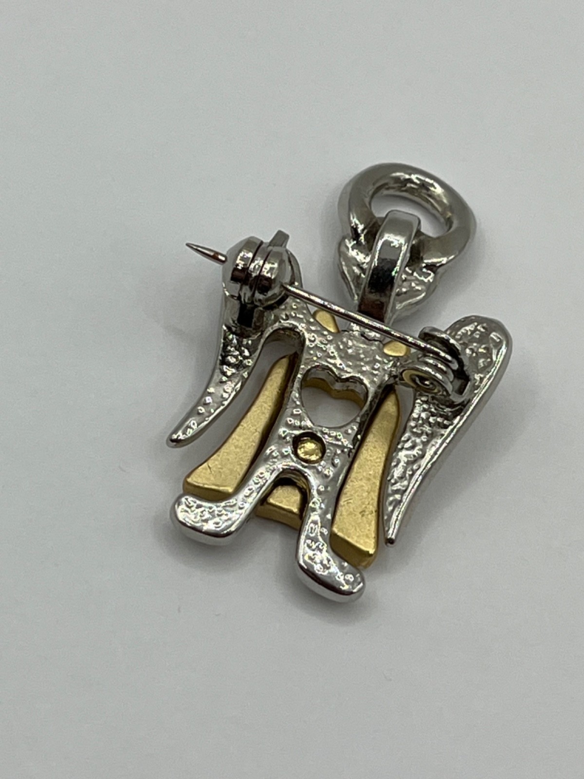Angel Brooch Gold & Silver Tone ~ 1980s Guardian Angel Pin with Heart Cutout
