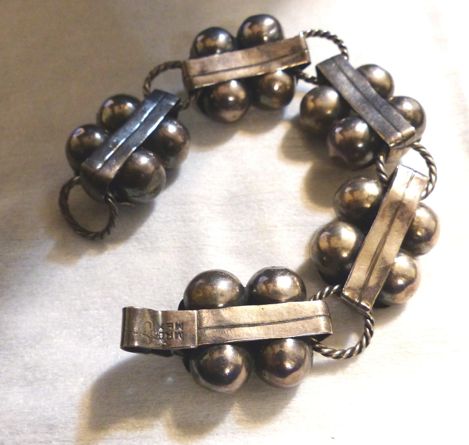 Mexican Silver Amethyst Bracelet With Slver Rope Links Vintage