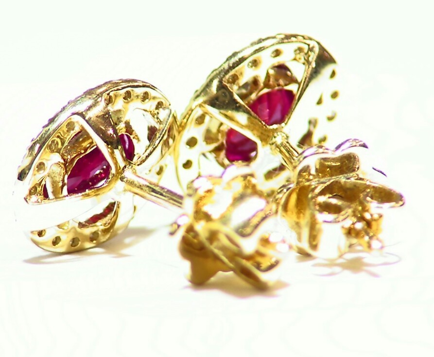 1.52CT 14K Gold Natural Ruby Round Cut Diamond Stud Halo Anniversary Earrings