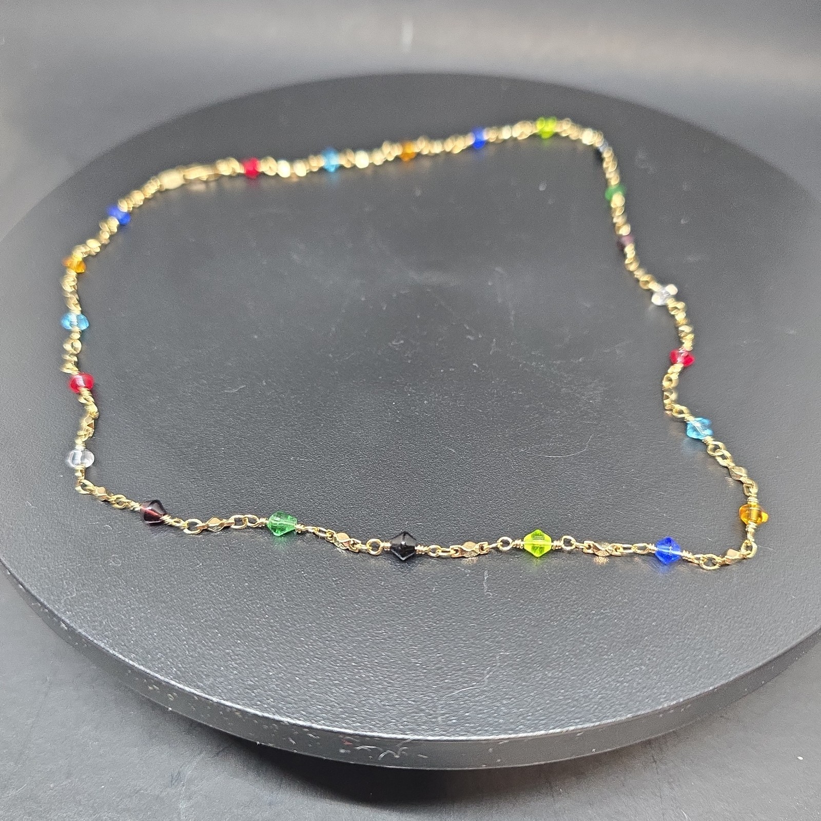 24k Gold Bond (Filled) Multi Color Crystal Glass Faceted Bead Necklace 19″