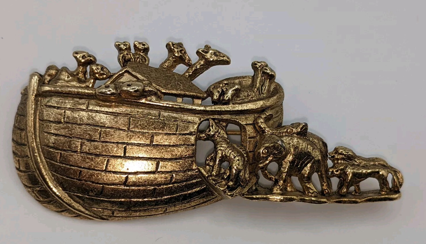 Vintage Noah’s Ark Brooch Pin Matte Gold Tone Approximately 2 3/8” Long