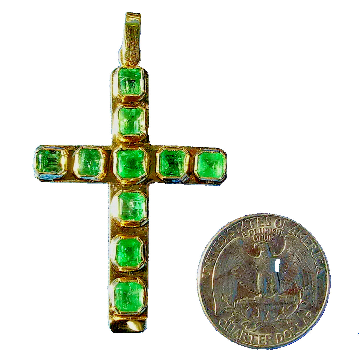 Original EARTH MINED EMERALD Deco Cross Pendant Elegant SOLID 18K GOLD Medallion