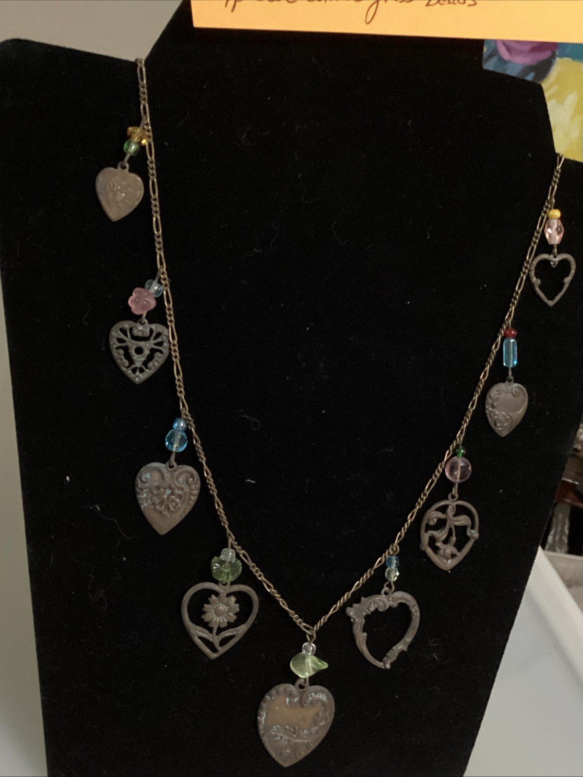 VTG Glass Works Studio G.W.S Signed Multi Color Glass Hearts Charm Long Necklace