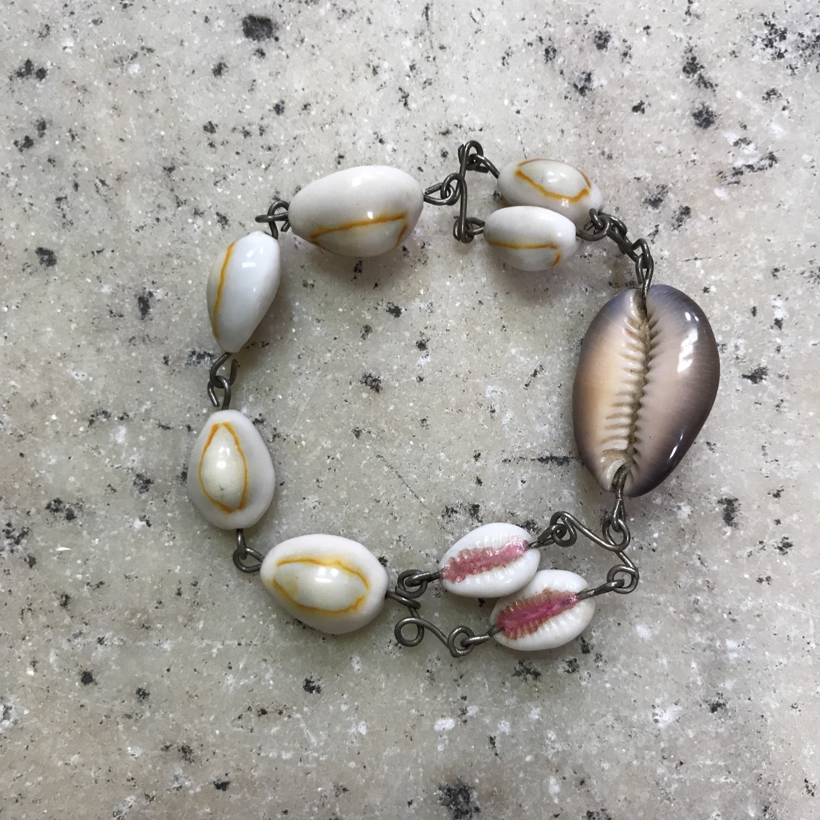 Vintage Souvenir Seashell Bracelet Real Mixed Shells Brown & White Shells Metal