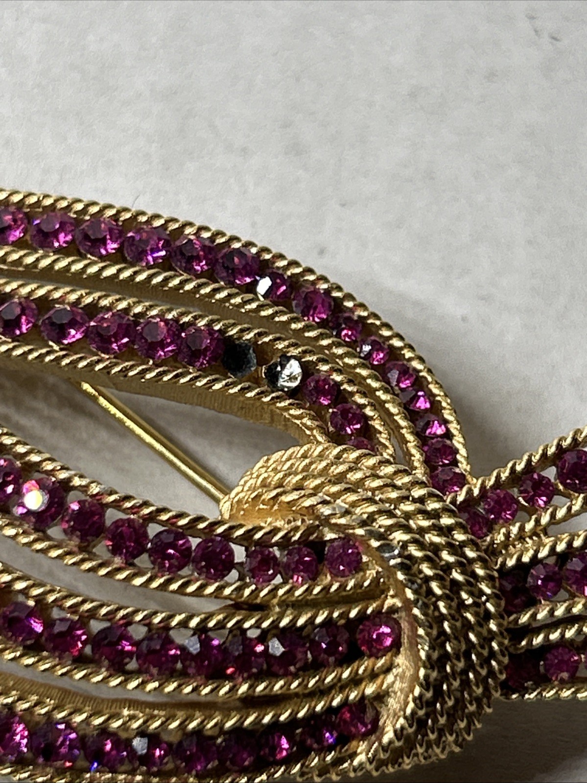 TRIFARI Signed Fuschia Pink Flow Ribbon Bouquet Brooch Missing Some Rhinestones