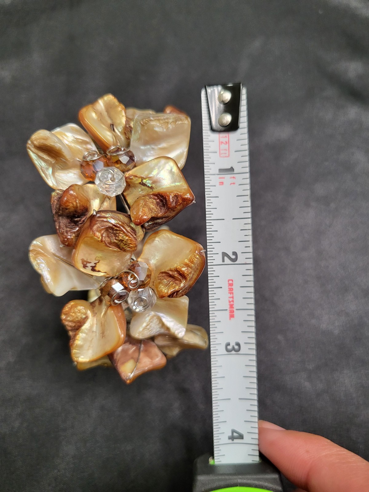 Vintage Mother of Pearl Shell Stretch Bracelet Chunky Golden Brown Cuff Boho