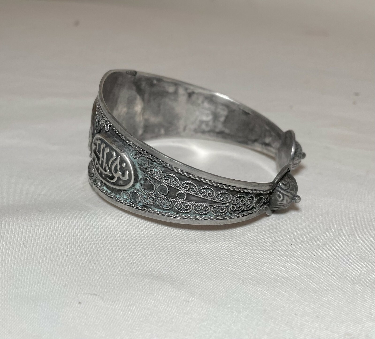 vintage ornate handmade Moroccan sterling silver filigree cuff bracelet signed