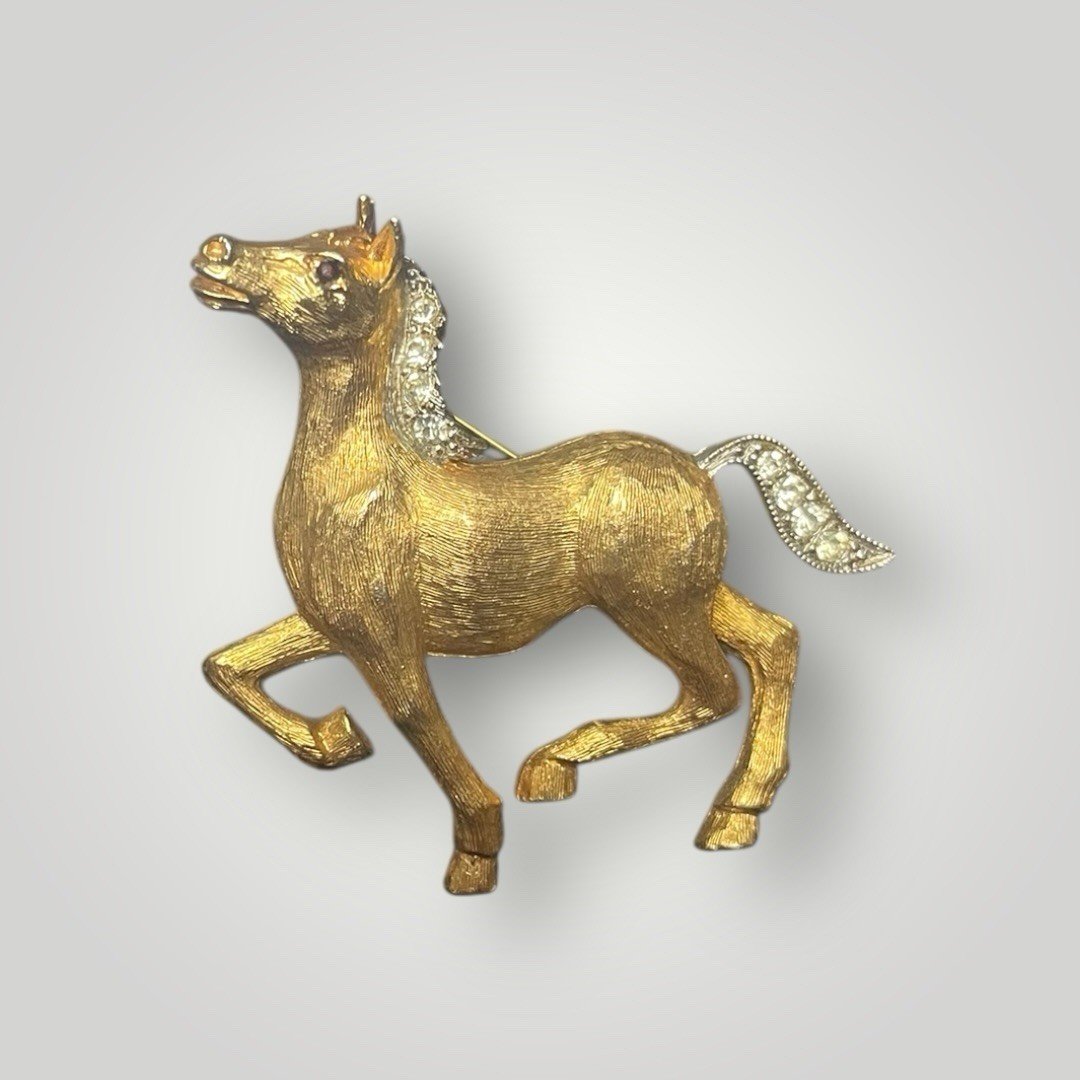 Vintage JJ Jonette Running Horse Brooch Gold Tone Rhinestone Mane Tail Pin