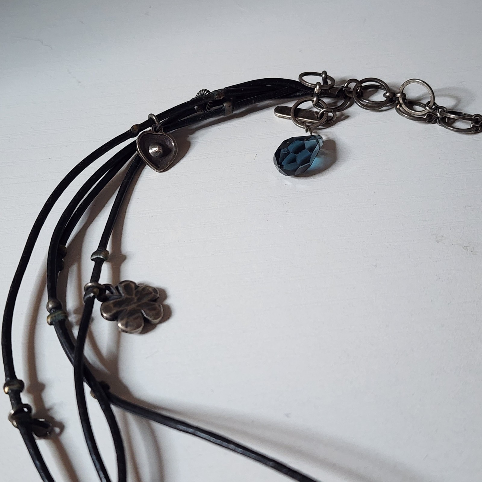 Vintage Van Galz Black Leather Multi Strand Necklace Blue Crystals Heart Charms