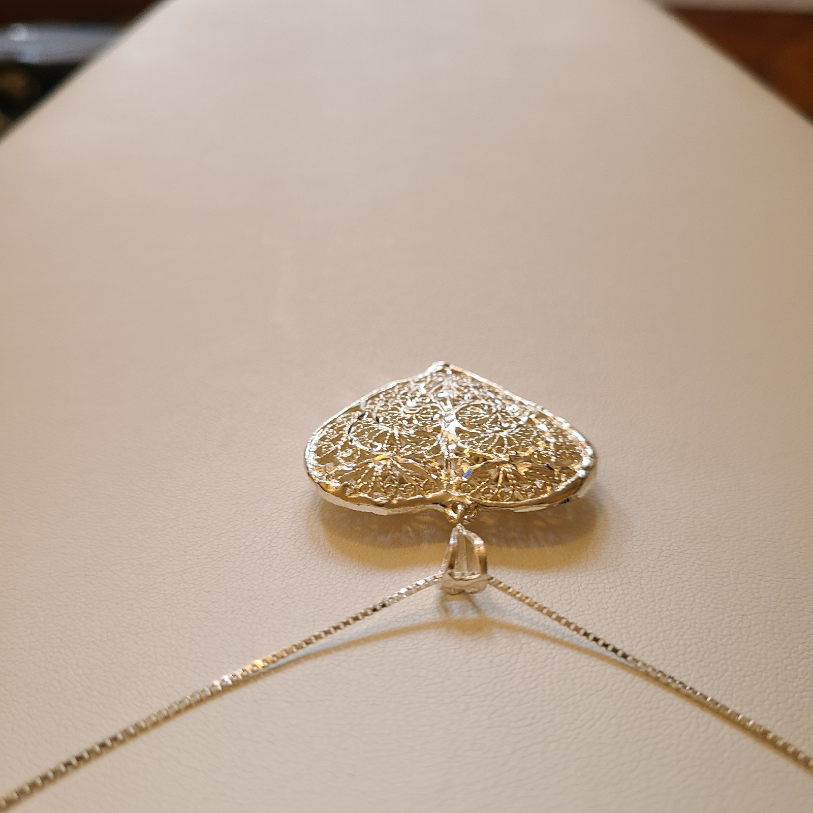 Vtg Sterling Silver Puff Large HEART NECKLACE 32″ Chain 14gm Filigree