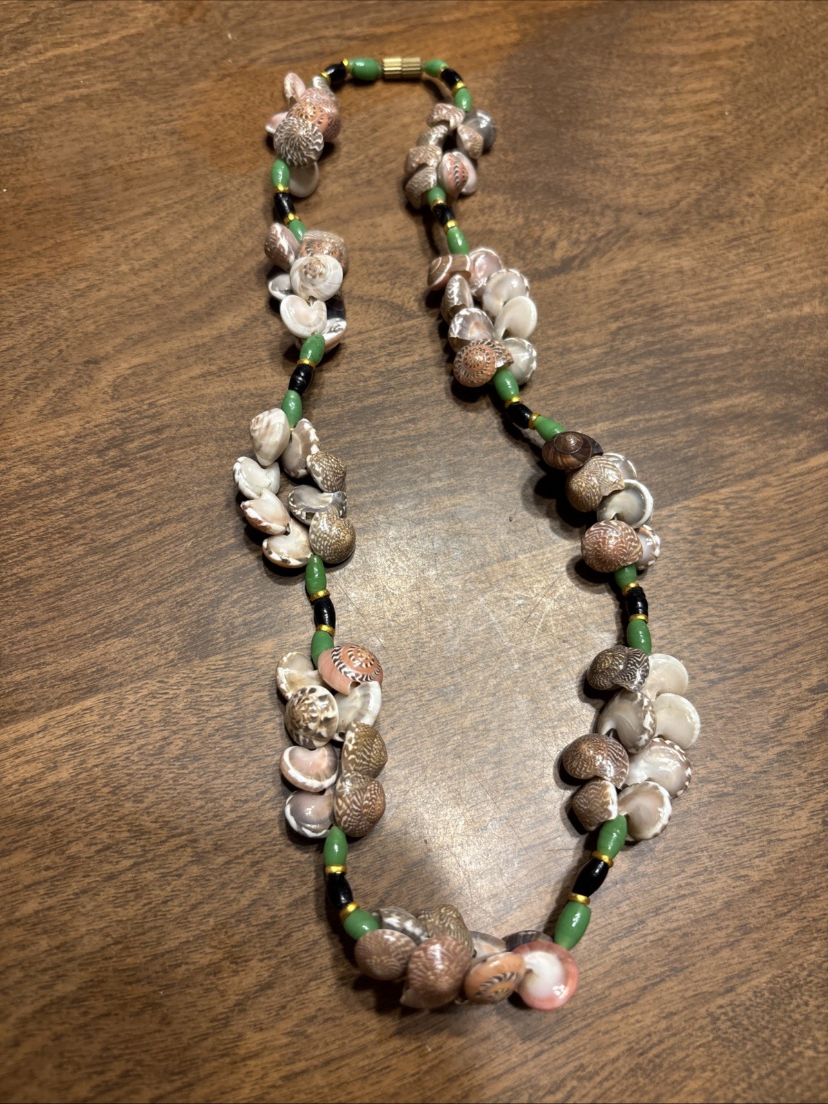 Vintage Beaded Shell Necklace Hand Crafted Cowrie and Mullusk Shell Beads 16”