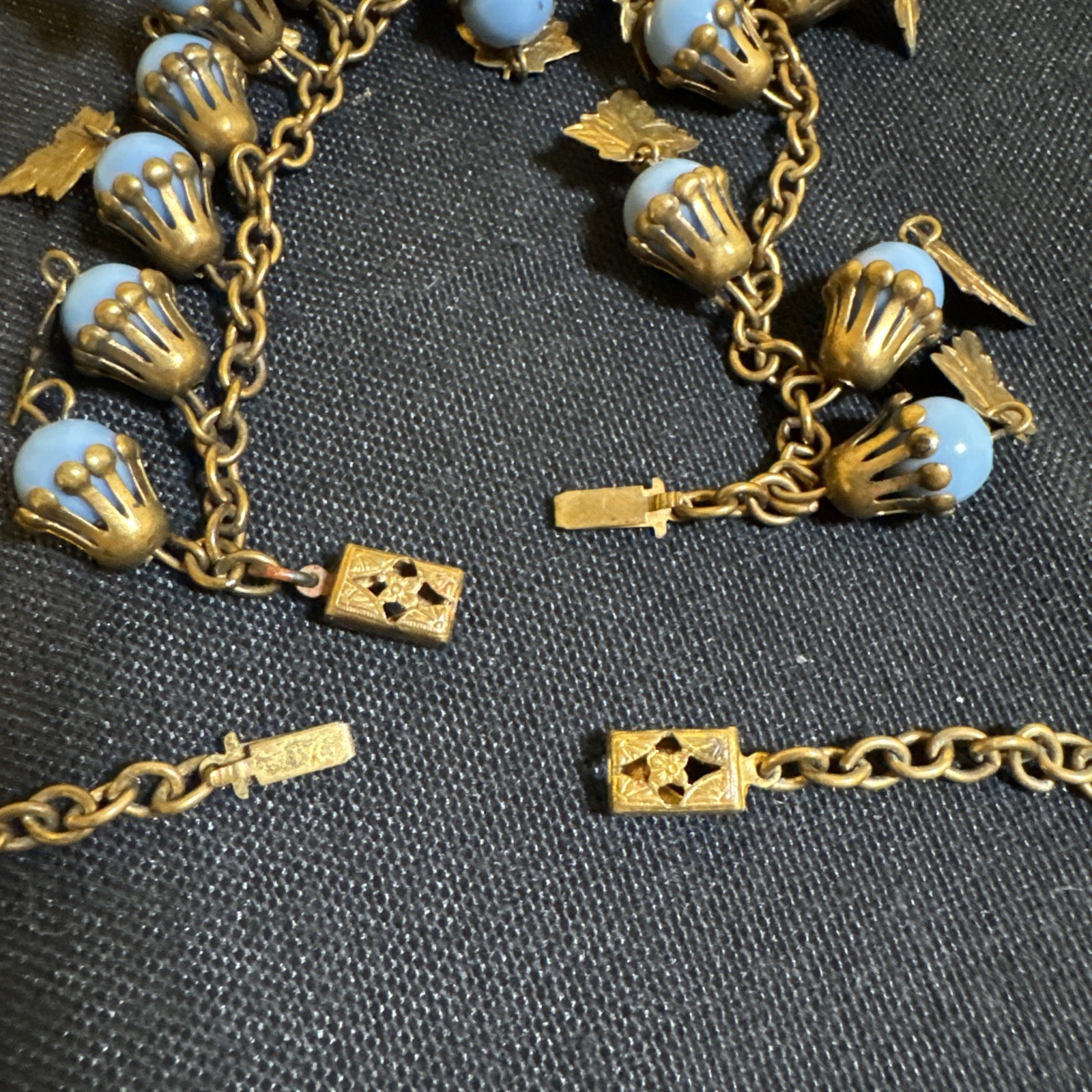 Vintage Flower-like Capped Blue Celluloid Balls w/ Leaves Necklace & Bracelet