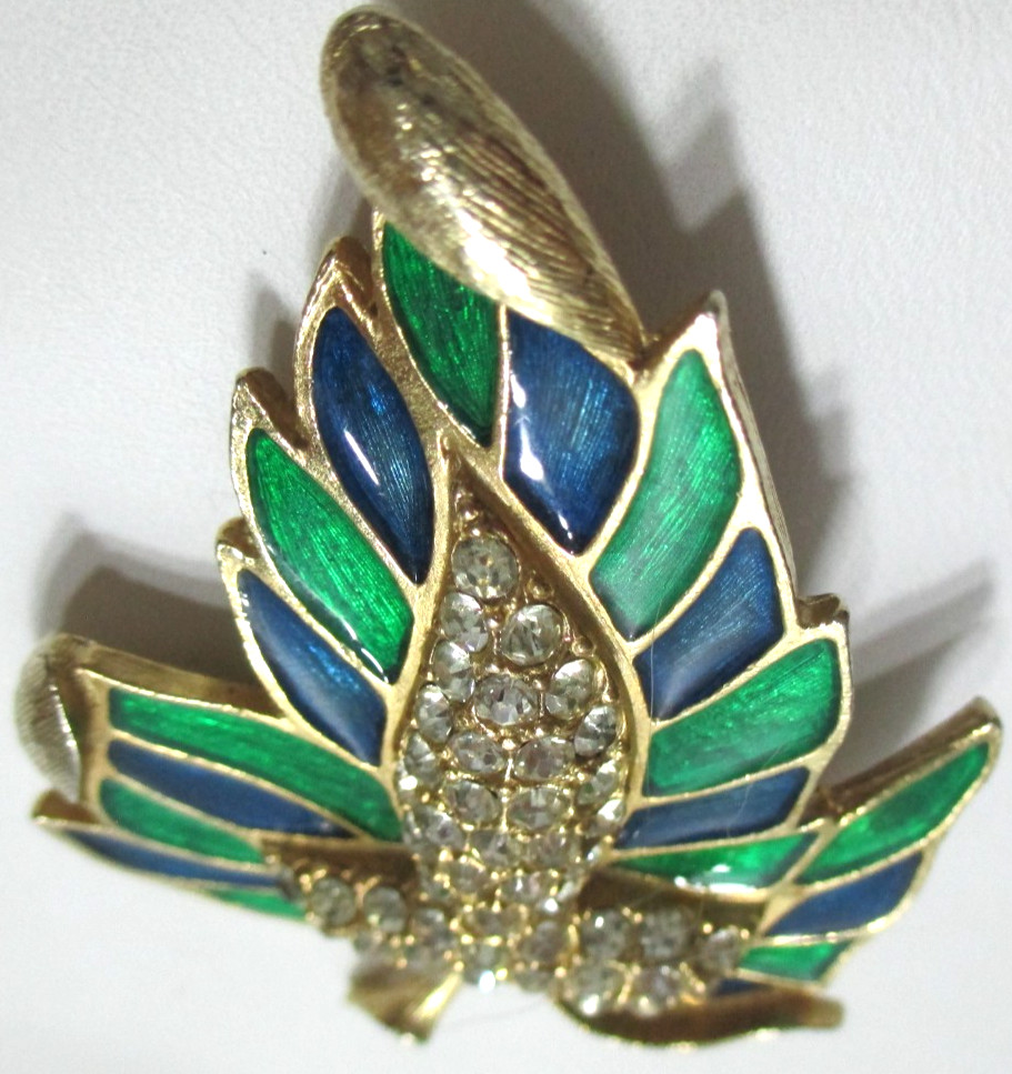 Vintage Weiss Brooch Pin Leaf Green Blue Enamel Pave Rhinestones 2 1/2″