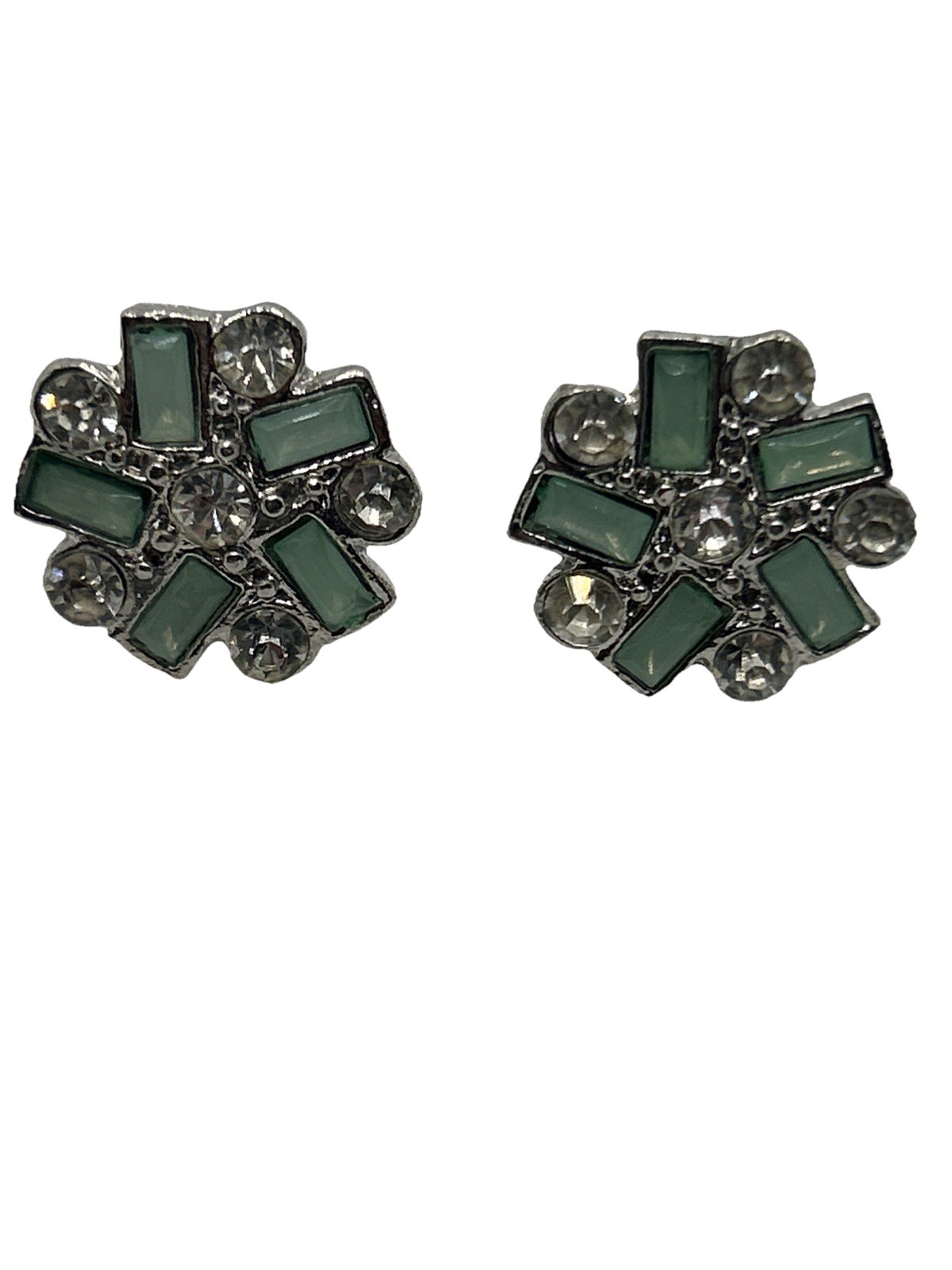 Vintage Milk Green Emerald Cut And Round Clear Rhinestones Stud Earrings