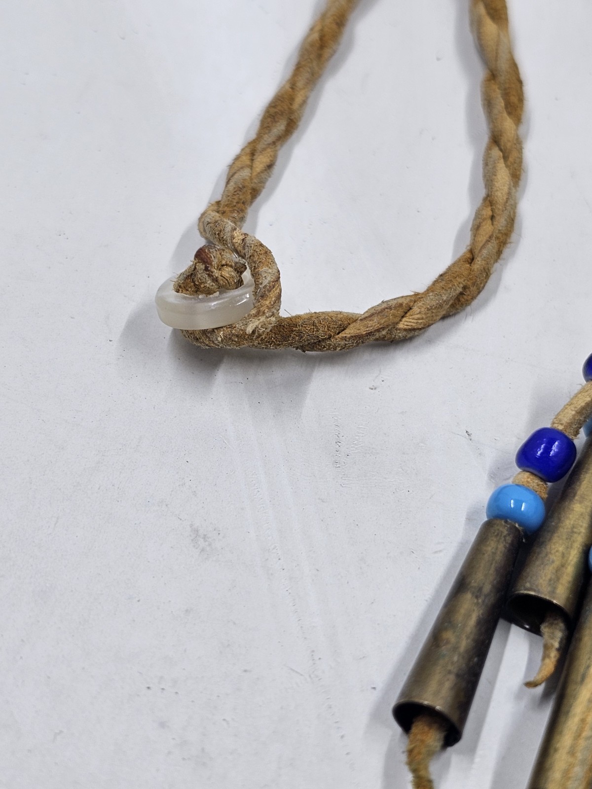 Vintage Leather Cord Necklace Brass Metal Cone Fringe Tassel Blue Beads