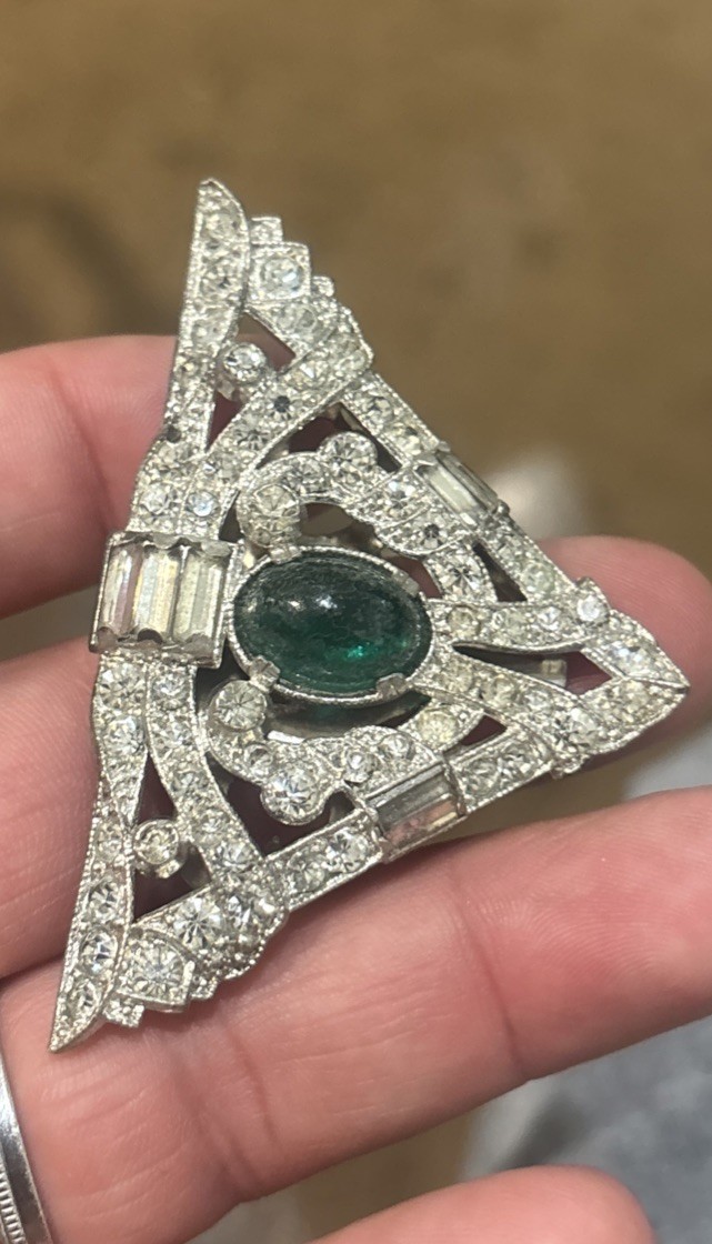 Vintage Art Deco Silver Tone Clear Rhinestone Green Glass Fur Dress Clip