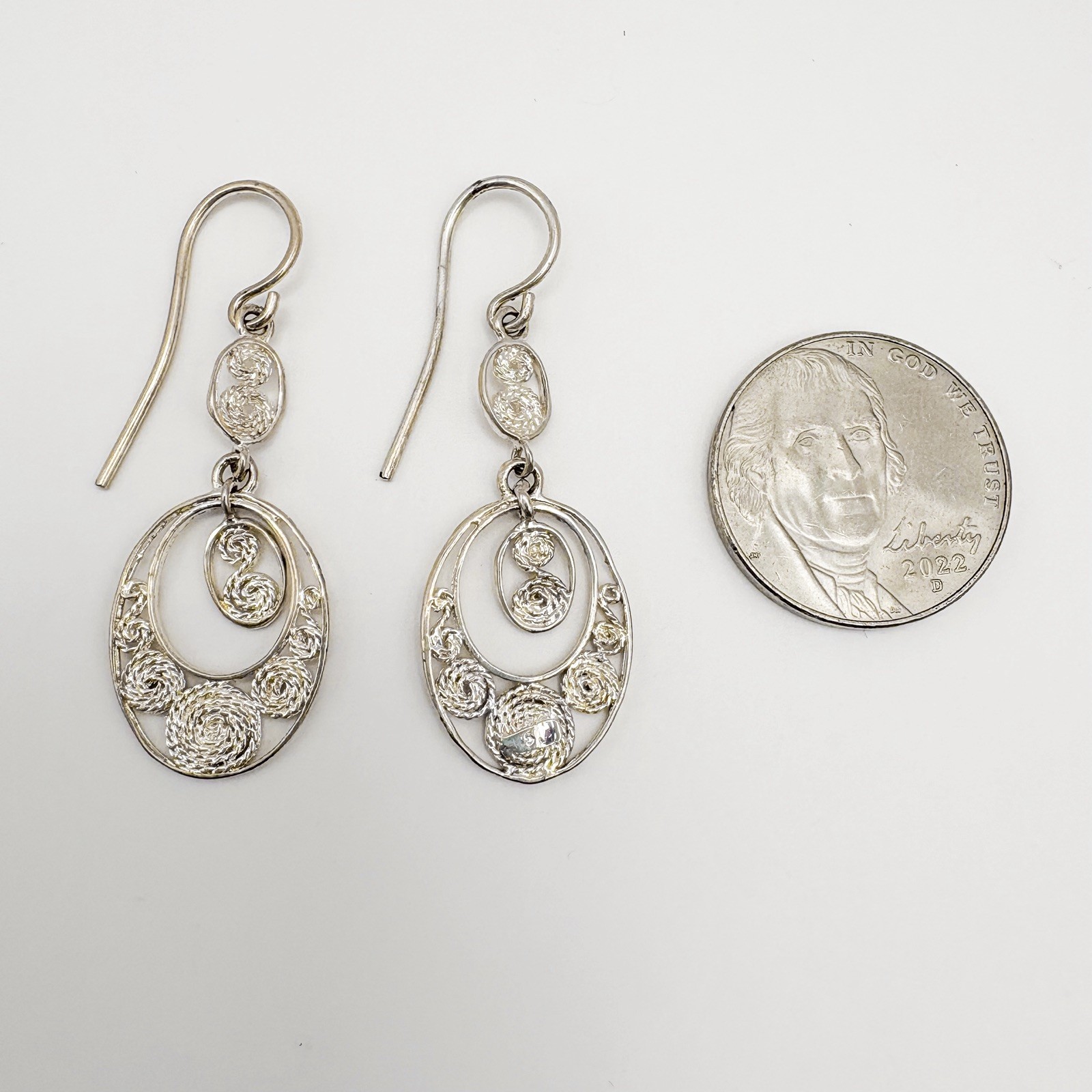 Dangle Oval Earrings, pierced hook, 925 Sterling Silver signed