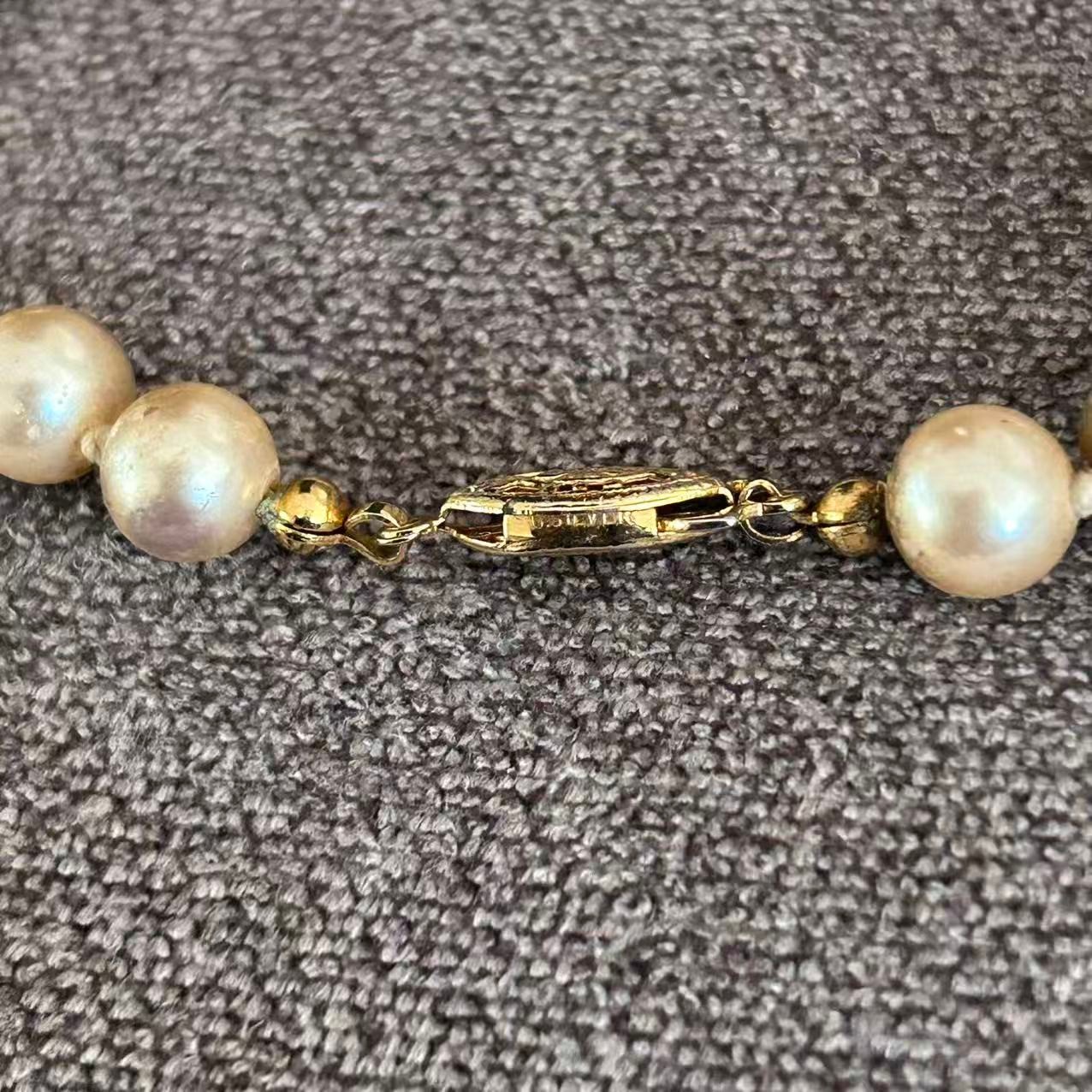 Vintage Champagne Faux Pearl Necklace Gold Tone Filigree Clasp Knotted 30″