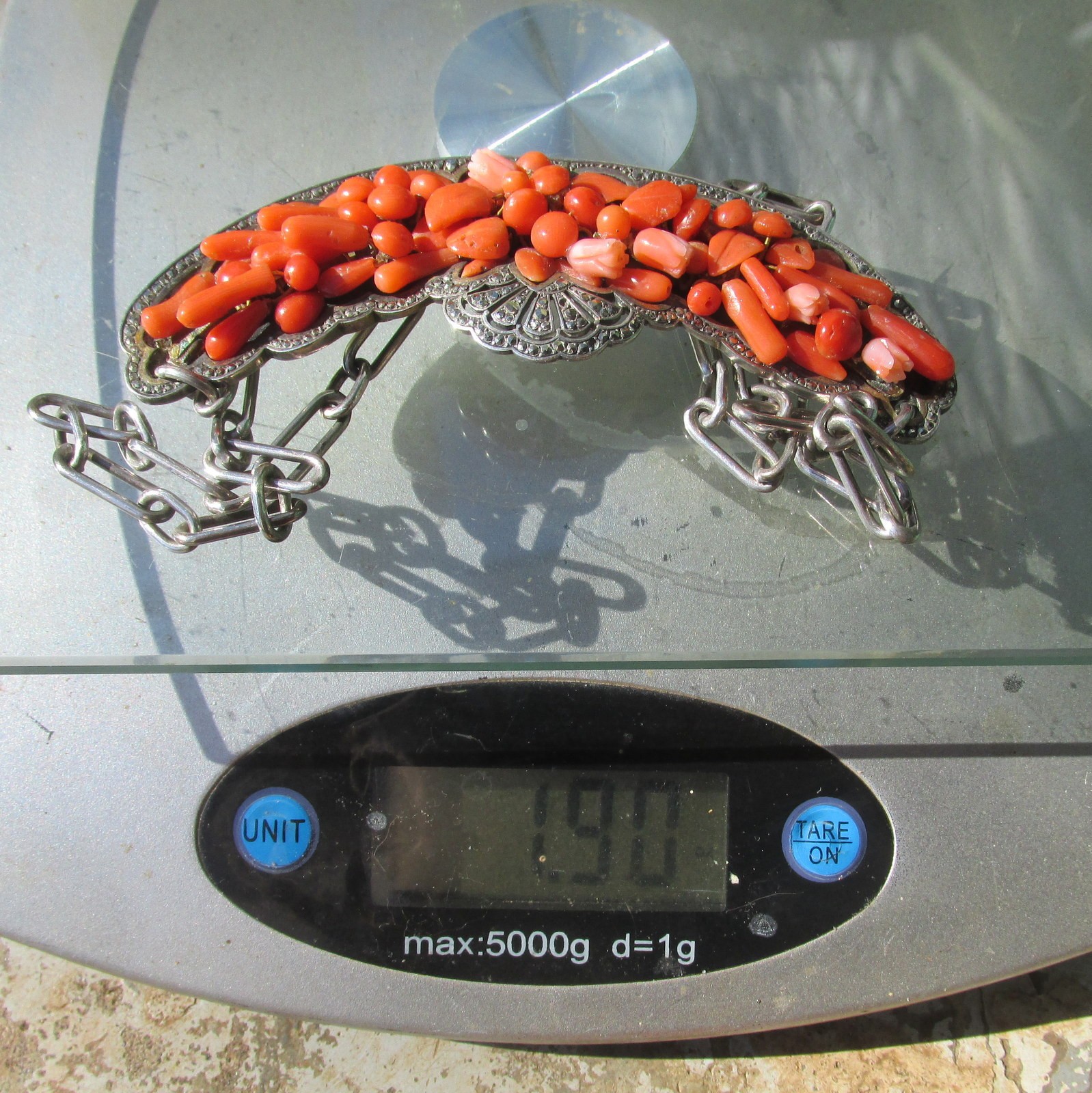 Antique Natural Coral, Marcasite and Sterling Silver Necklace Victorian 1890s