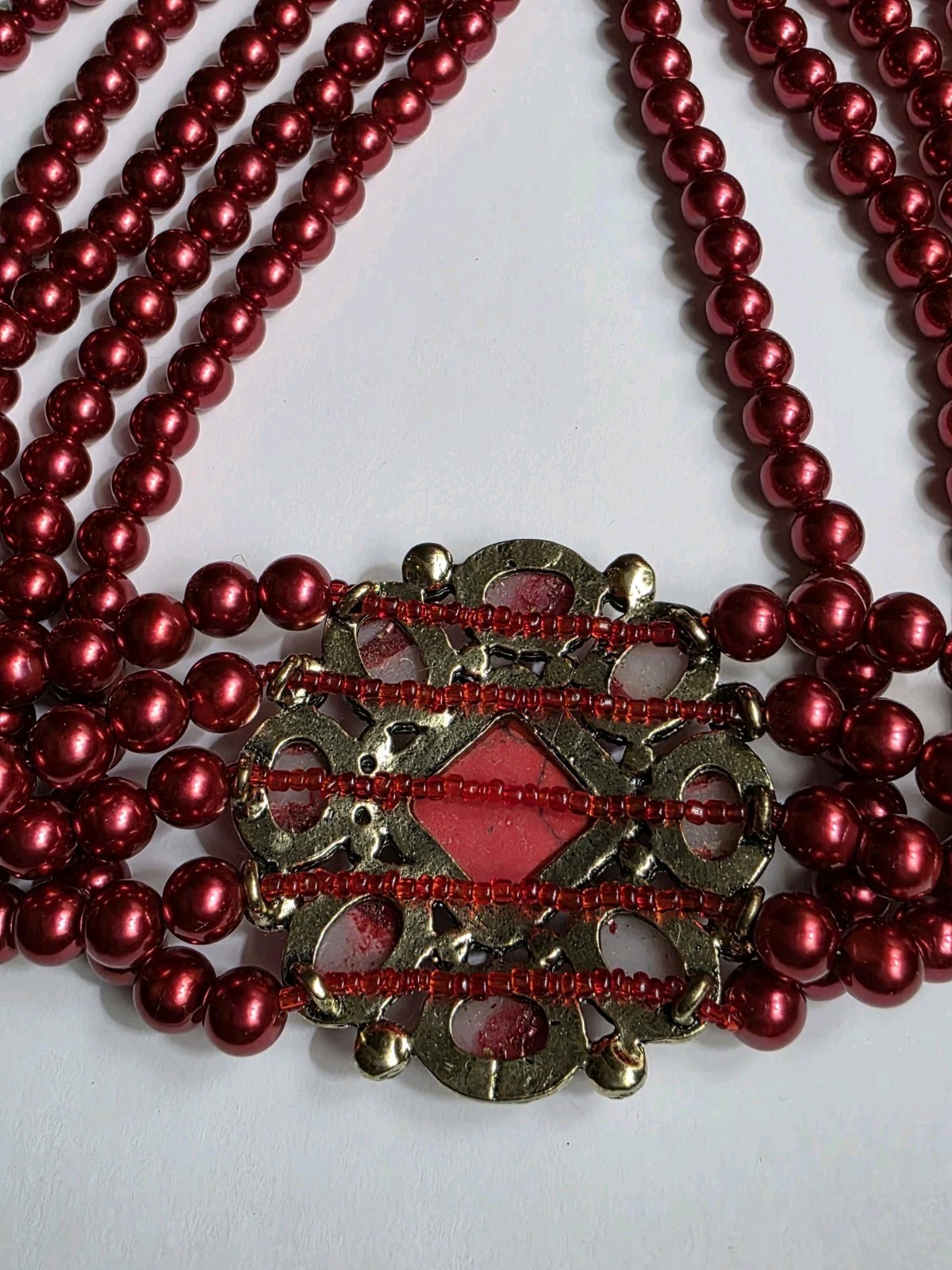5 Strand Red Beaded Statement Necklace W/ Rhinestone Accent Adjustable