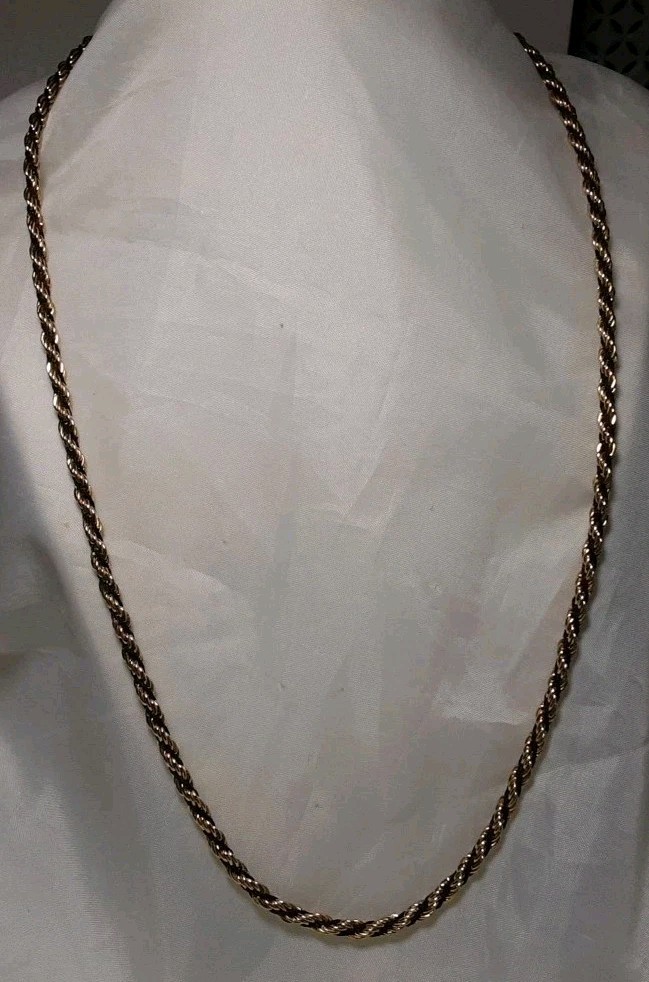 Necklace Gold Tone Metal & Blackish Tread Twisted 24″ Vintage Jewerly