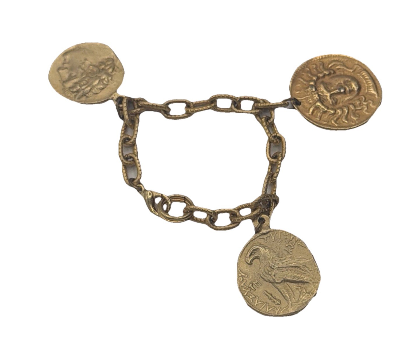 Vintage Gold Tone Coin Charm Bracelet • Ancient‑Style Medallions Textured Chain