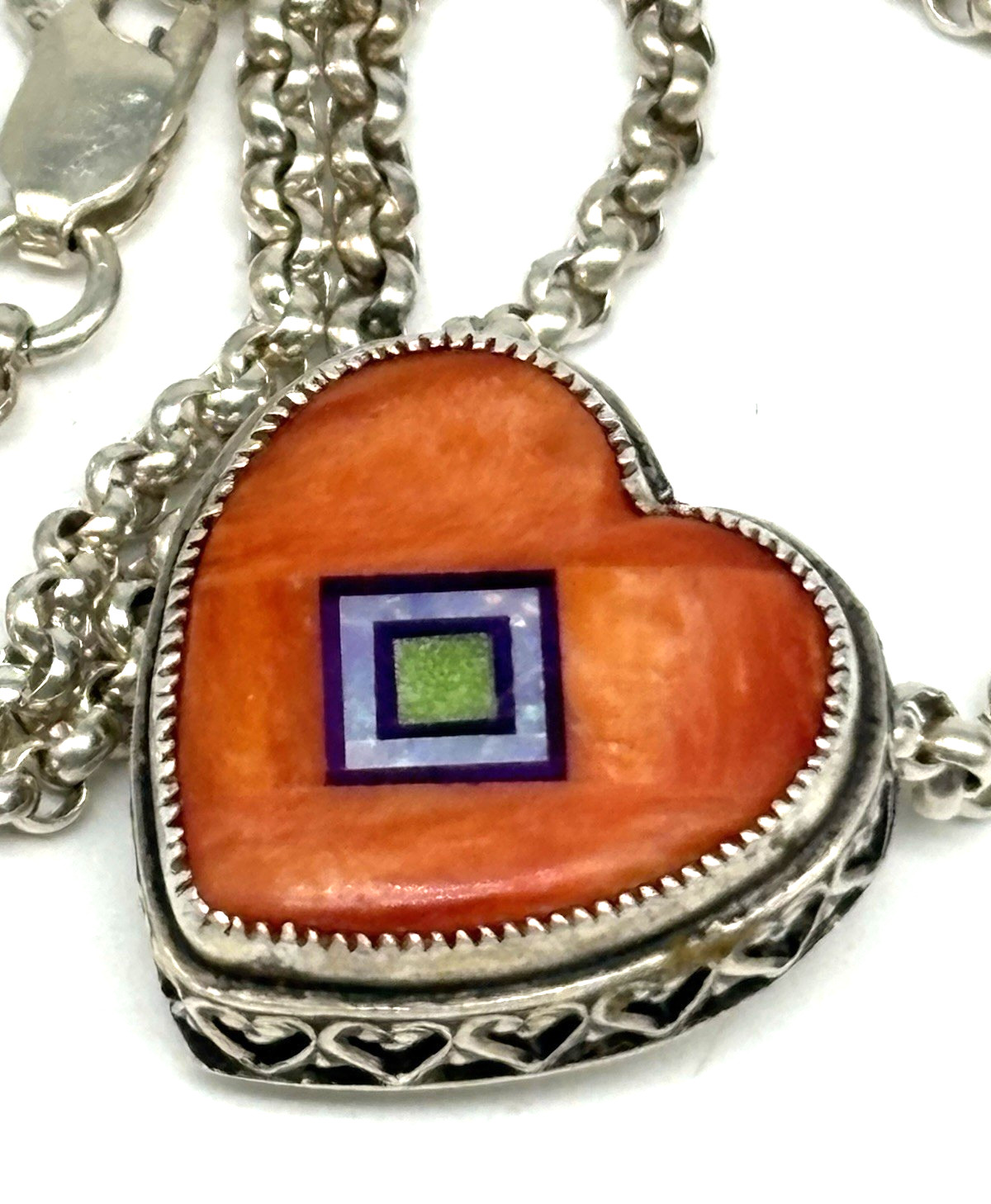 Aldrich Art Jewelry Necklace Orange Heart Inlay Sterling Silver Vintage 18″
