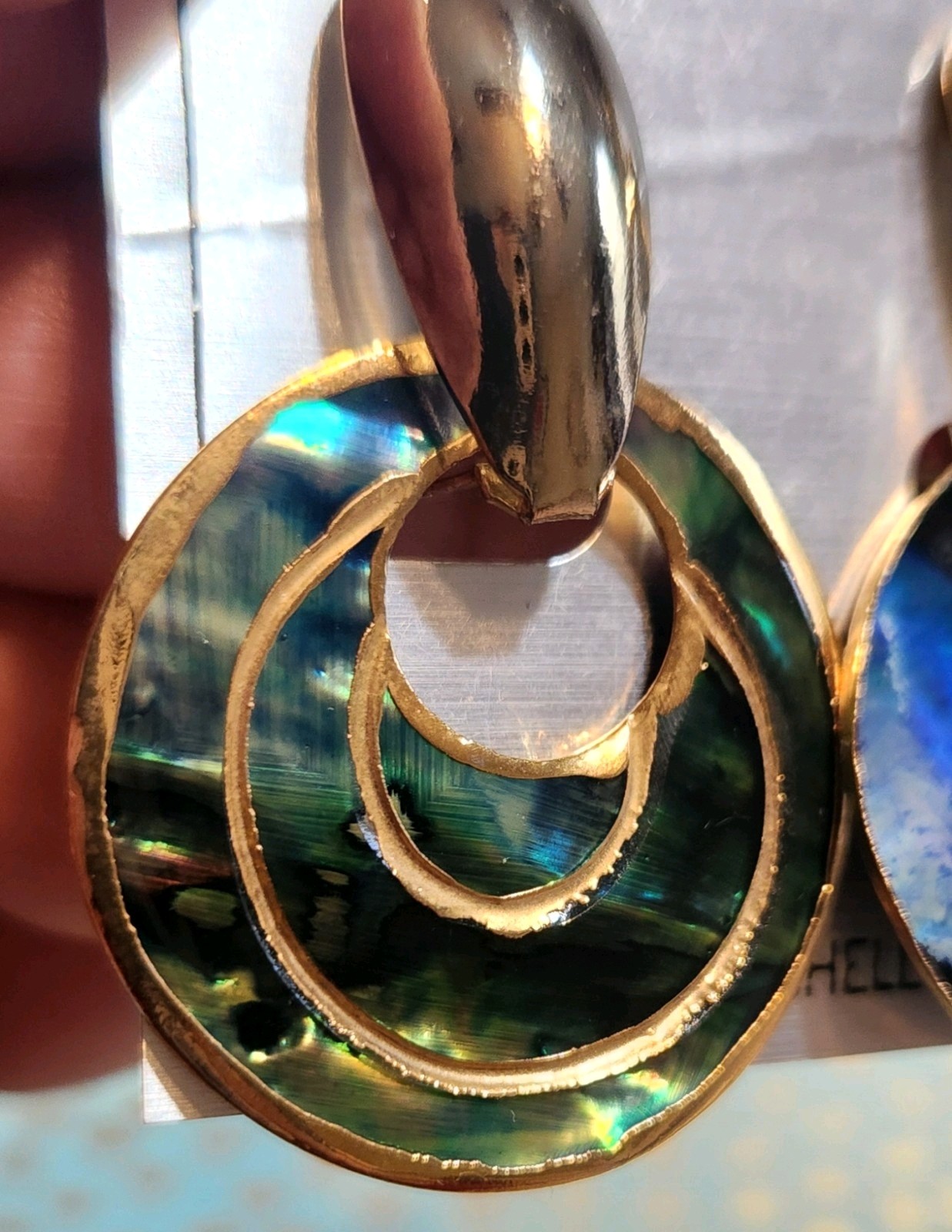 VTG NOS!! Peacock Paua Shell Doornocker Goldtone 2 In 1 Earrings