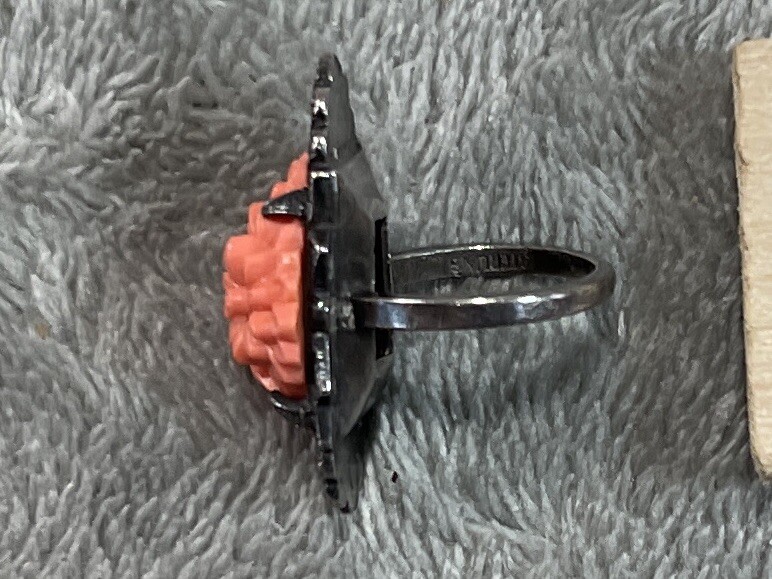 Antique Sterling Marcasite Coral Glass Floral Ring, Size 3.75