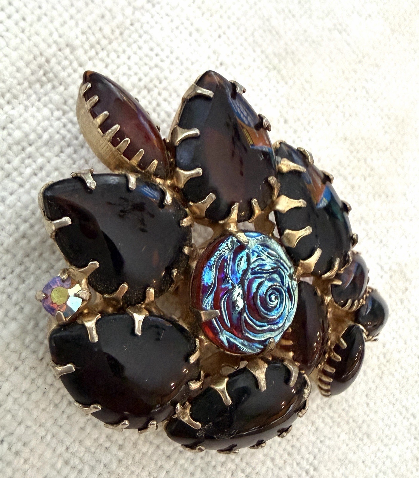 Deep Red Glass Molded Rose Brooch Art Glass Flower AB Rhinestone Statement Vtg