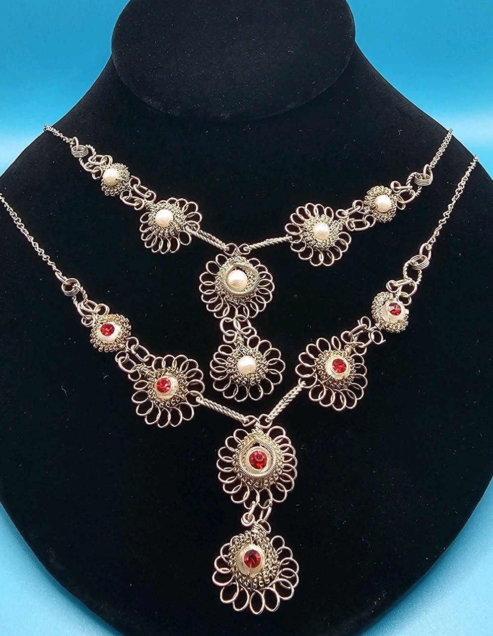 Vintage Cannetille Spun Wire Necklace Lot 2 Faux Pearl Rhinestone Original Clasp